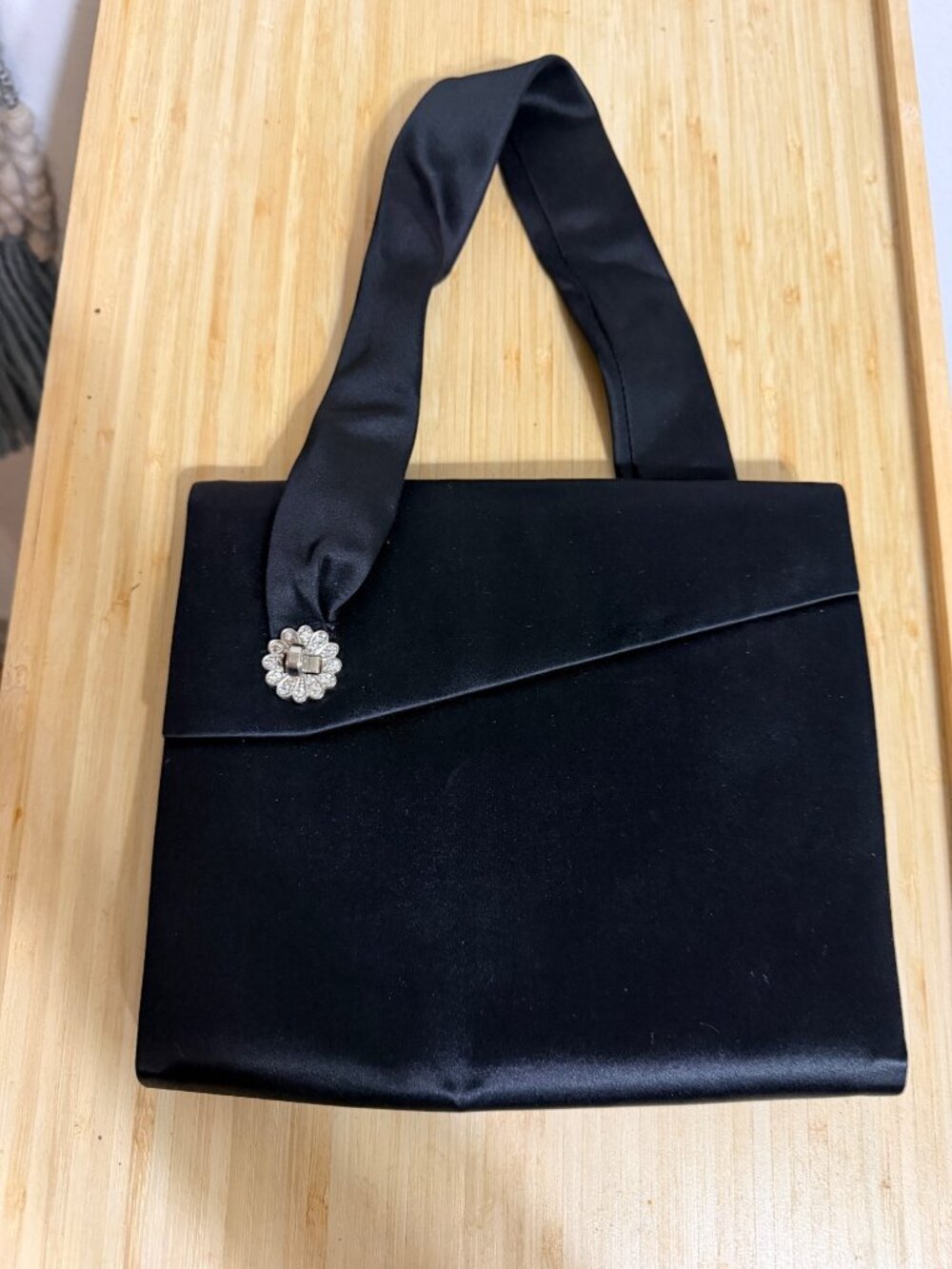 Vintage Denise Francelle Paris Black Satin Handbag With Rhinestone Accent